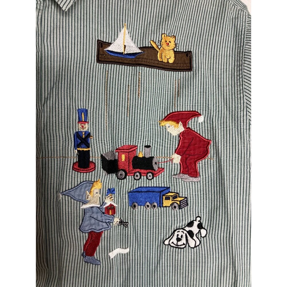 Karen Scott Christmas Embroidered Button-Up Shirt Santa Toys Green Striped - Picture 4 of 10